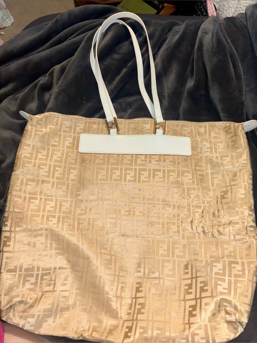 RARE & CLEAN Fendi Zucca Canvas & White Leather Travel Zip Tote - HUGE!